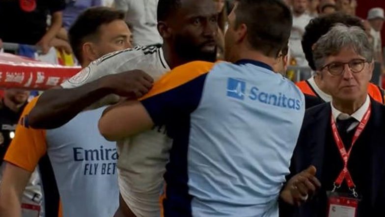 Barcelona vs Real Madrid El Clasico: Antonio Rudiger Sent Off After Throwing Ice at Referee During Copa del Rey 2024-25 Final (Watch Videos)