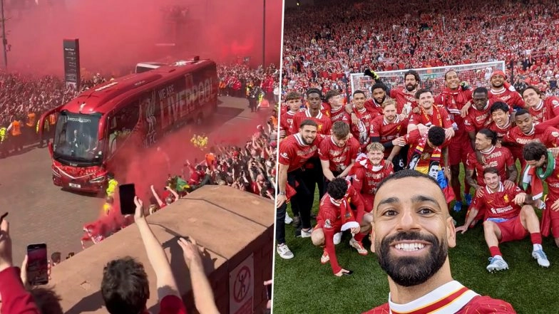 Liverpool Fans Celebrate as Players Receive Thunderous Welcome Upon Arrival at Anfield in Team Bus, Video Goes Viral as Arne Slot and Co Win EPL 2024-25 Title (Watch Video)