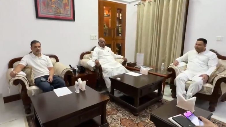 Bihar Assembly Elections 2025: Tejashwi Yadav Discusses Seat-Sharing Plans With Rahul Gandhi, Mallikarjun Kharge in Delhi; Says ‘Alliance Talks With Congress Strategic’ (Watch Video)