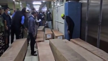 India News | Pahalgam Terror Attack: Coffins Carrying Victims of Terror Attack Reach Srinagar Airport, Nation in Mourning