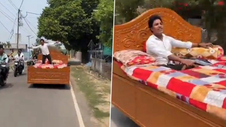 West Bengal: Man Drives 'Modified Car' With Bed and Mattress on Streets of Murshidabad, His 'Bed Car' Goes Viral (Watch Video)