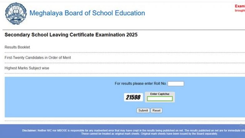 Meghalaya SSLC Result 2025: MBOSE Declares Class 10 Board Exam Results at megresults.nic.in and mboseresults.in, Know Steps To Check Score