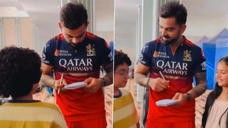 Virat Kohli Shows Great Gesture As He Signs Autograph For Young Fans, Engages in Friendly Conversation With Them Ahead of RCB vs KKR IPL 2025 Match (Watch Video)