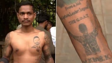Fan With Virat Kohli's Tattoo Spotted Buying and Wearing Star Indian Cricketer's Test Jersey to Join Plan of Tribute During RCB vs KKR IPL 2025 Match (See Pictures)
