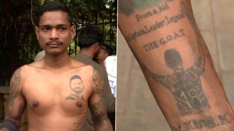Fan With Virat Kohli's Tattoo Spotted Buying and Wearing Star Indian Cricketer's Test Jersey to Join Plan of Tribute During RCB vs KKR IPL 2025 Match (See Pictures)