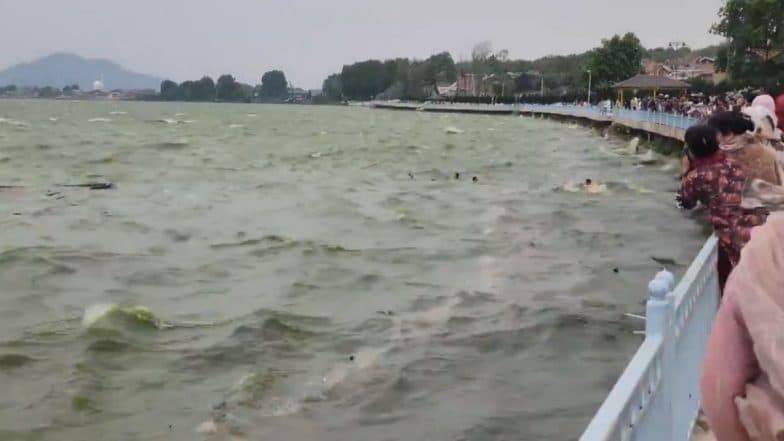 Srinagar Boat Capsize: Strong Winds Cause Boat To Overturn in Dal Lake, Locals Swiftly Rescue Passengers, No Casualties Reported (Watch Video)