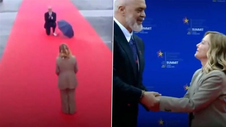 Albania PM Edi Rama Kneels Before Italy’s Giorgia Meloni To Greet Her at EPC Summit 2025 (Watch Video)