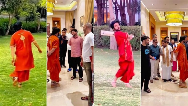 Baba Bageshwar Plays Cricket With Shikhar Dhawan, Kuldeep Yadav, Ashutosh Sharma and Rinku Singh; Spiritual Guru Exhibits Bowling and Batting Skills (Watch Video)