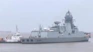 Indian Navy’s INS Surat Docks at Surat’s Hazira Port on Gujarat Foundation Day 2025 (Watch Video)