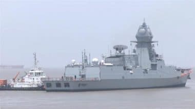 Indian Navy’s INS Surat Docks at Surat’s Hazira Port on Gujarat Foundation Day 2025 (Watch Video)