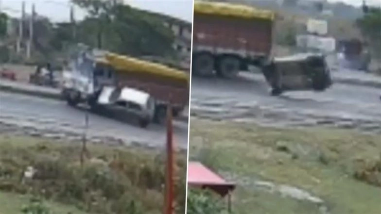 Bihar Highway Accident: Car Going to Varanasi From Kolkata Collides With Truck, Flips 5 Times in Rohtas; Shocking Video Surfaces