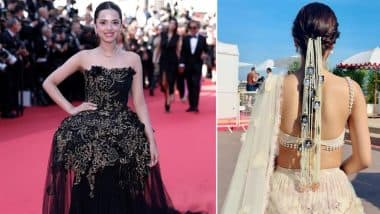 Cannes 2025: &lsquo;Laapataa Ladies&rsquo; Actress Nitanshi Goel Stuns in Black and Gold Gown and Ivory Saree at the Red Carpet, Pays Tribute to Madhubala, Nargis and Other Bollywood Icons (See Pics)