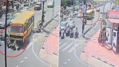 Bhopal Bus Accident: Woman Killed, Several Injured As Speeding School Bus Collides Into Vehicles Waiting at Traffic Signal in Madhya Pradesh (Watch Video)