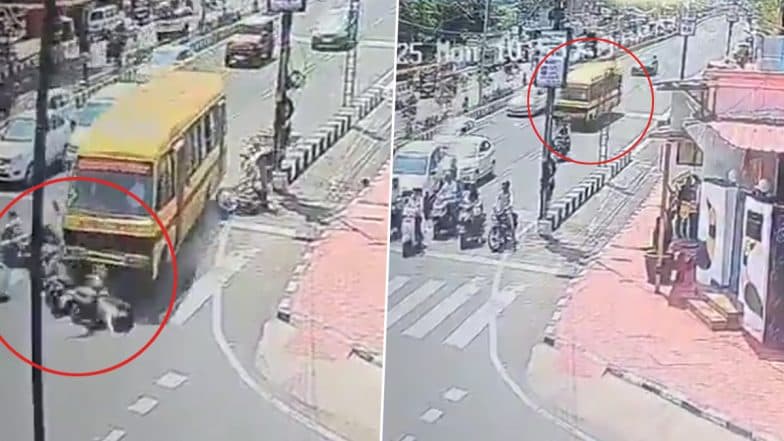 Bhopal Bus Accident: Woman Killed, Several Injured As Speeding School Bus Collides Into Vehicles Waiting at Traffic Signal in Madhya Pradesh (Watch Video)