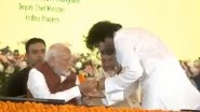PM Narendra Modi Gives Chocolate to Andhra Pradesh Deputy CM Pawan Kalyan in Amravati, Video of Light-Hearted Gesture Goes Viral