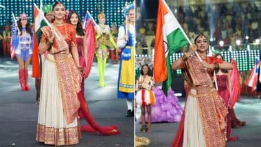 Miss World 2025 India Nandini Gupta at National Costume Round: 21-Year-Old Beauty Queen Radiates Timeless Beauty in Traditional Look Featuring Jamdani Weaves (View Pics and Videos)