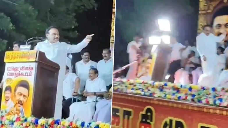 DMK MP A Raja Narrowly Escapes As Stage Light Post Collapses During His Speech Due to Strong Winds in Tamil Nadu’s Mayiladuthurai, Video Goes Viral