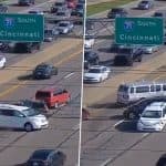 US Road Accident: Red Van Causes Multi-Car Pileup on Interstate 71 After Missing Exit in Ohio, CCTV Video Surfaces