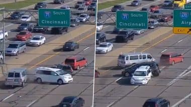 US Road Accident: Red Van Causes Multi-Car Pileup on Interstate 71 After Missing Exit in Ohio, CCTV Video Surfaces