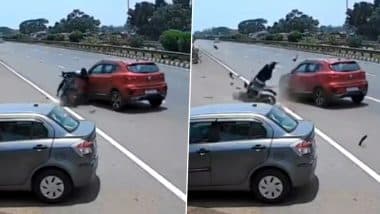 Odisha Road Accident: Biker Crashes Into Car After Riding on Wrong Side in Jajpur, CCTV Video Surfaces