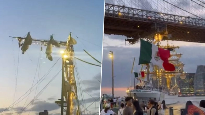 New York Ship Crash: Sailors Seen Dangling From Masts After Mexican Navy Ship Cuauhtemoc Collides With Brooklyn Bridge; Shocking Videos Surface