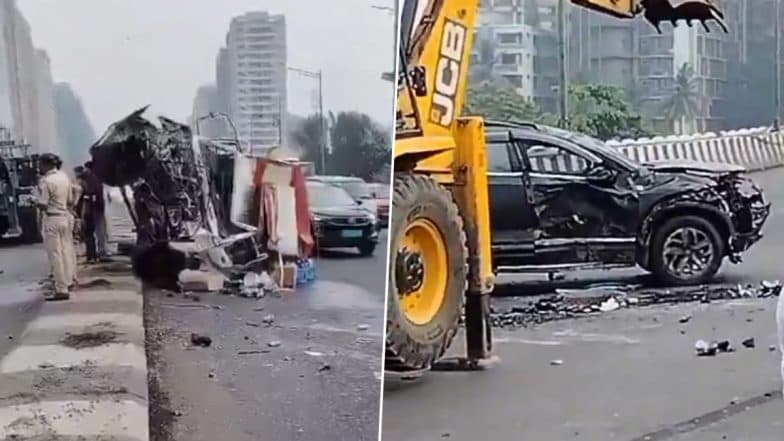 Mumbai Road Accident: SUV Flips Over After High-Speed Collision With Tempo in Vikhroli, 2 Injured (Watch Videos)