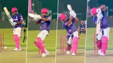 Sanju Samson Hits The Nets! Rajasthan Royals Captain Undergoes Training Under Watchful Eyes of Coach Rahul Dravid Ahead of RR vs PBKS IPL 2025 Match (Watch Video)