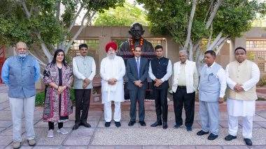 World News | Shrikant Shinde-led All-party Delegation Pays Floral Tributes at Bust of Mahatma Gandhi