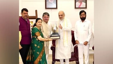 India News | Union Home Minister Amit Shah Presents Chhatrapati Sambhaji Maharaj Rajya Prerana Geet Puraskar to Veer Savarkar's Family