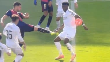 Aurelien Tchouameni's Handball Denied By Referee; Watch Los Blancos Midfielder's Hand Position As Ball Struck It During Barcelona vs Real Madrid La Liga 2024-25 El Clasico Match (See Video)