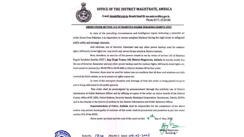 Ambala: Complete Blackout From 8 PM to 6 AM Ordered in View of Air Strike Threat From Pakistan; DM Bans Use of Inverters, Generators for Outdoor Lights