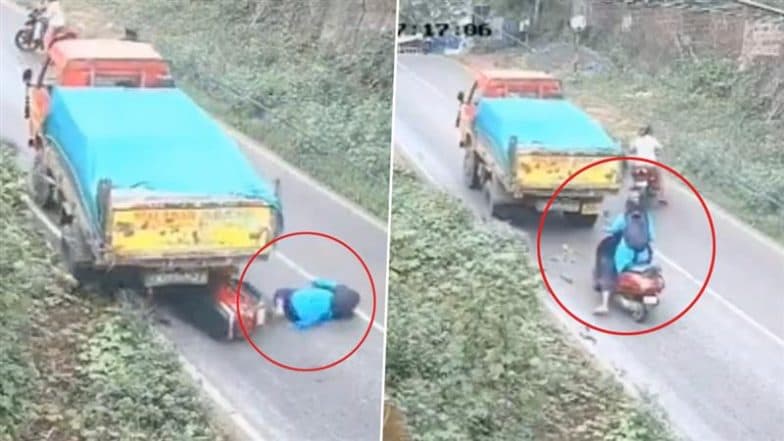 Kozhikode: Narrow Escape for Woman As Brick-Laden Truck Rolls Backward on Incline, Knocks Down Scooter in Kerala; Video Surfaces