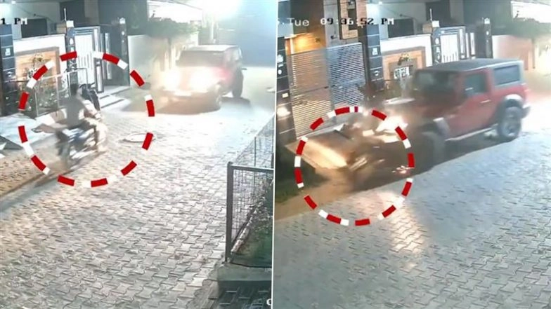 Accident Caught on Camera in Muktsar: Speeding Thar Loses Control, Slams Into Biker Leaving Him Seriously Injured in Punjab; Video Surfaces