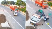 Pilibhit Road Accident Caught on Camera: Reckless Van Driver Triggers Multi-Vehicle Crash, Biker Injured; Video Goes Viral