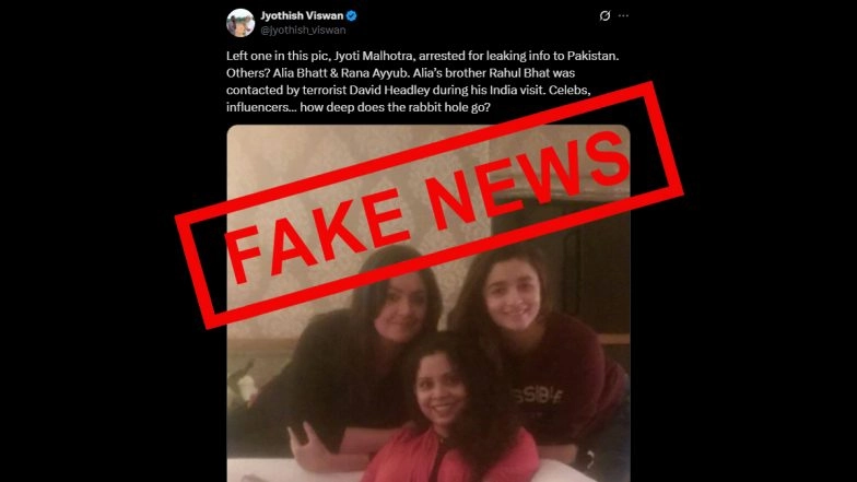 YouTuber Jyoti Malhotra Posed With Alia Bhatt for Picture? Here's a Fact-Check of Actor's Viral Pic With Pooja Bhatt and Rana Ayyub Circulated With Fake Claim