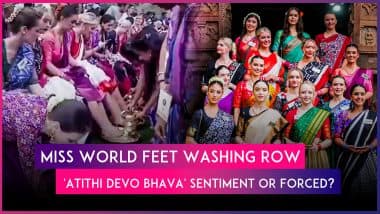 Miss World 2025: Video Shows Indian Women Washing Contestants’ Feet During Temple Event in Telangana, BRS and BJP Slam Congress