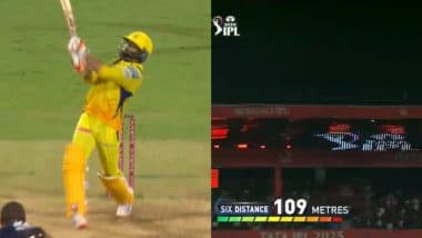 Ravindra Jadeja Hits Monstrous 109 M Six Against Lungi Ngidi, Ball Lands On Roof of M Chinnaswamy Stadium During RCB vs CSK IPL 2025 Match (Watch Video)