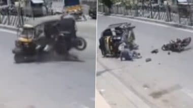 Accident Caught on Camera in Rohtak: Elderly Woman Killed, Biker Injured After Speeding Bike Rams Into Auto-Rickshaw on Sheela Bypass in Haryana, Disturbing Video Surfaces