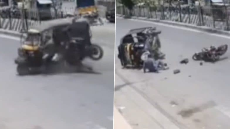Accident Caught on Camera in Rohtak: Elderly Woman Killed, Biker Injured After Speeding Bike Rams Into Auto-Rickshaw on Sheela Bypass in Haryana, Disturbing Video Surfaces
