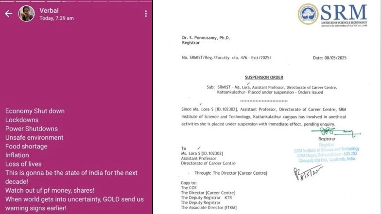 SRM University Professor Lora Allegedly Suspended After Her 'Anti-India' Social Media Posts Over Operation Sindoor Triggers Outrage Online, 'Suspension Letter' Goes Viral