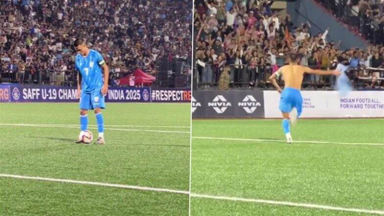 Indian Football Team SAFF U-19 Championship Winning Moment Video: Watch Singamayum Shami Convert Spot-Kick to Secure Victory Of Blue Colts Over Bangladesh in Summit Clash