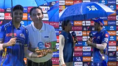 Suryakumar Yadav Receives MOTM Award With Umbrella As Rain Crashes MI vs DC IPL 2025 Presentation Ceremony at Wankhede Stadium (Watch Video)