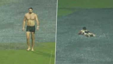 ‘Swim David’ Royal Challengers Bengaluru’s Tim David Enjoys in Heavy Rain at M Chinnaswamy Stadium Ahead of RCB vs KKR IPL 2025 Match (Watch Video)