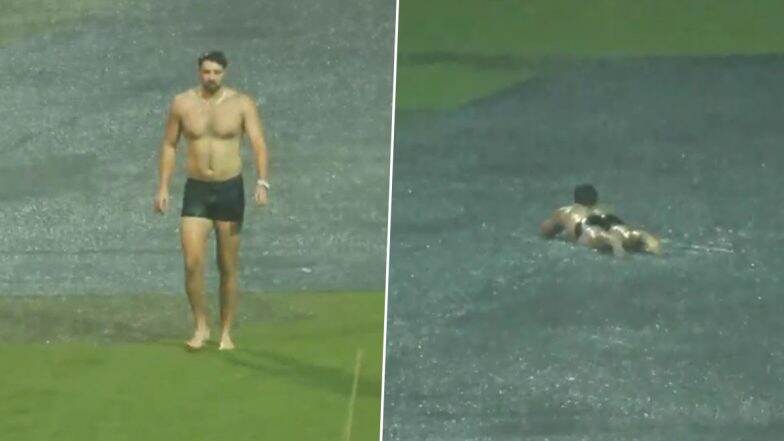 ‘Swim David’ Royal Challengers Bengaluru’s Tim David Enjoys in Heavy Rain at M Chinnaswamy Stadium Ahead of RCB vs KKR IPL 2025 Match (Watch Video)