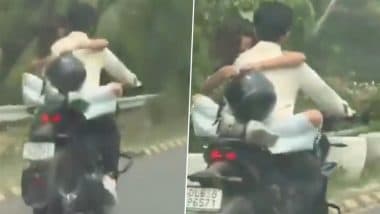 Noida Couple Romance Viral Video: Woman Sits on Bike’s Tank, Hugging Helmetless Rider on Yamuna Expressway, Traffic Police Issue INR 53,500 E-Challan