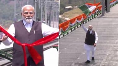 Chenab Bridge Inauguration: PM Narendra Modi Inaugurates World’s Tallest Railway Arch Bridge in Jammu and Kashmir, Interacts With Engineers, Workers (Watch Videos)