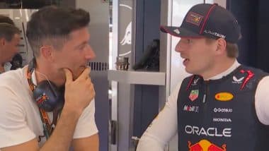 Barcelona Striker Robert Lewandowski Meets, Chats With Red Bull's Max Verstappen Ahead Of F1 Spanish Grand Prix 2025 (Watch Video)