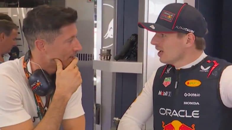 Barcelona Striker Robert Lewandowski Meets, Chats With Red Bull's Max Verstappen Ahead Of F1 Spanish Grand Prix 2025 (Watch Video)