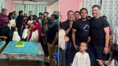 MS Dhoni Celebrates His Tennis Coach's Birthday; Former India Captain Cuts Cake With Kaka Sir's Family (Watch Video)