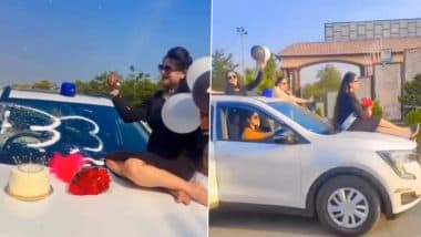Birthday Bash on Official Vehicle: Chhattisgarh DSP Taslim Arif’s Wife Farheen Khan Sits on Bonnet of Moving Police Car, Films Reel To Celebrate Birthday; Video Goes Viral